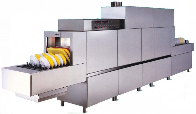 Máquina de lavar louça com correia transportadora série LN, fabricada pela Colged.